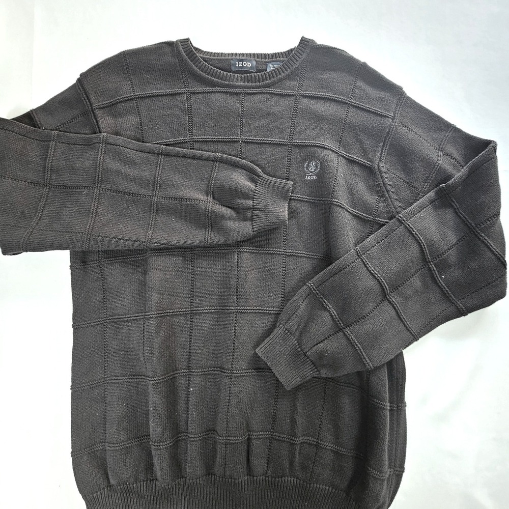 IZOD Mens Crew Neck Sweater XL Black Cotton Grid Textured Knit Pullover Logo